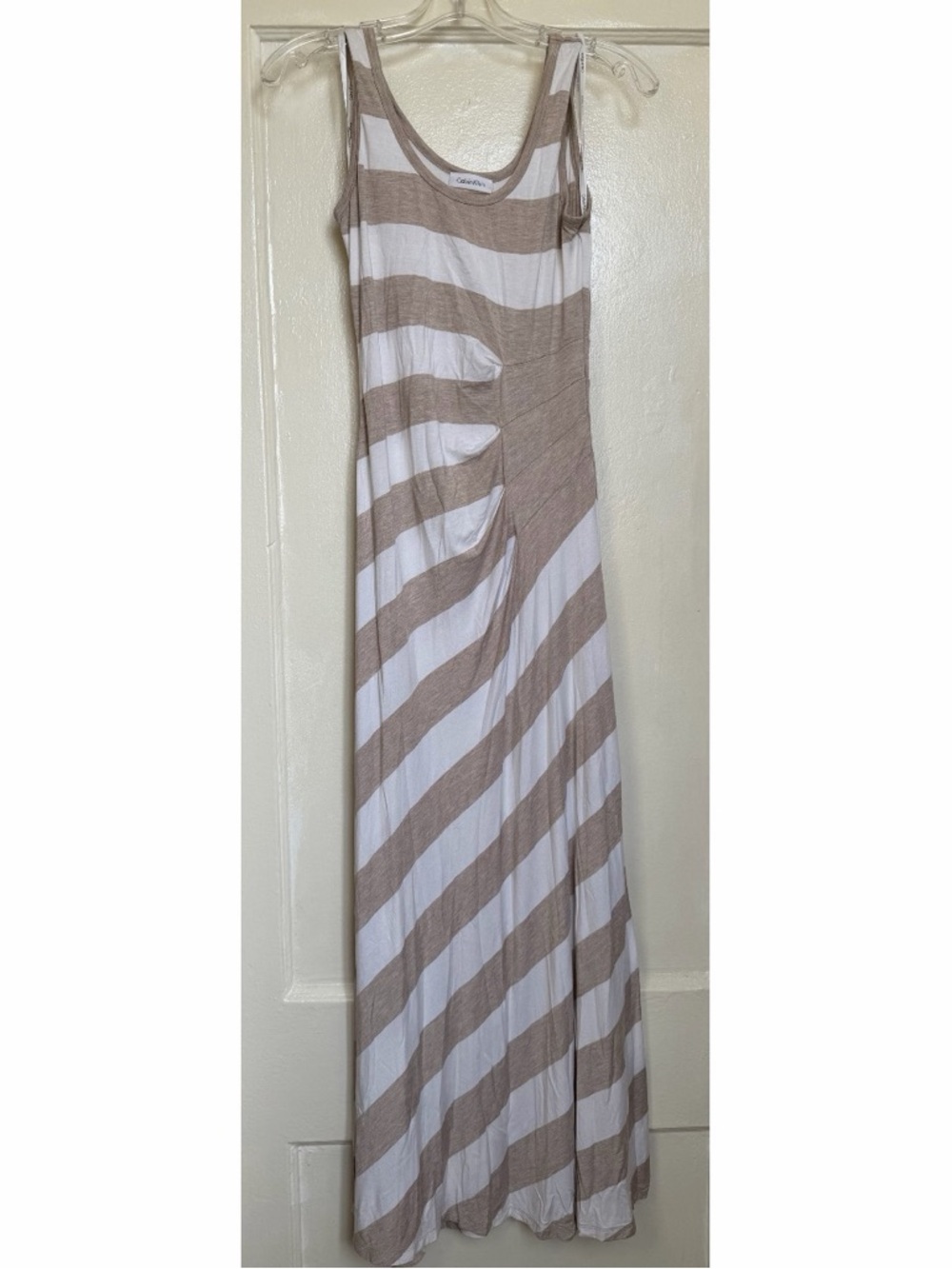 Calvin Klein Cream and White Diagonal Stripe Maxi Dress